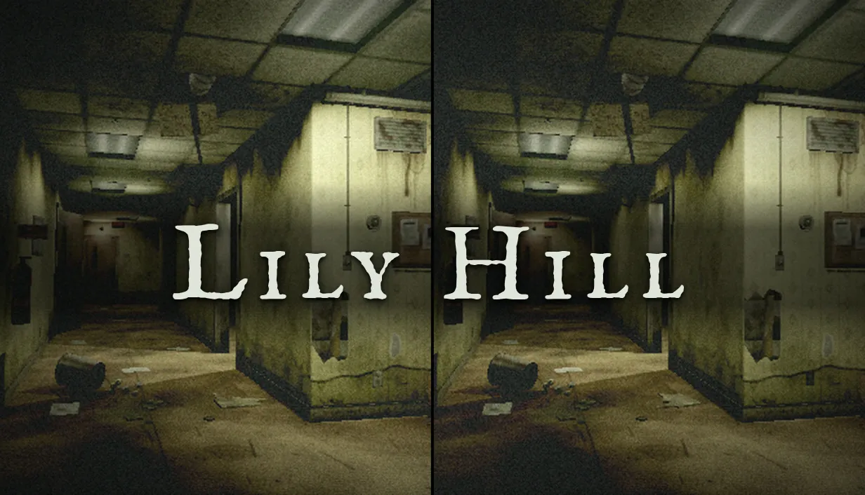 Lily Hill key art: the same dim office corridor shown twice, side by side.